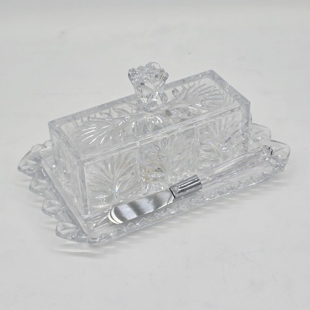 Vintage Fifth Avenue Crystal Portico Butter Covered Dish Crystal Handle Knives